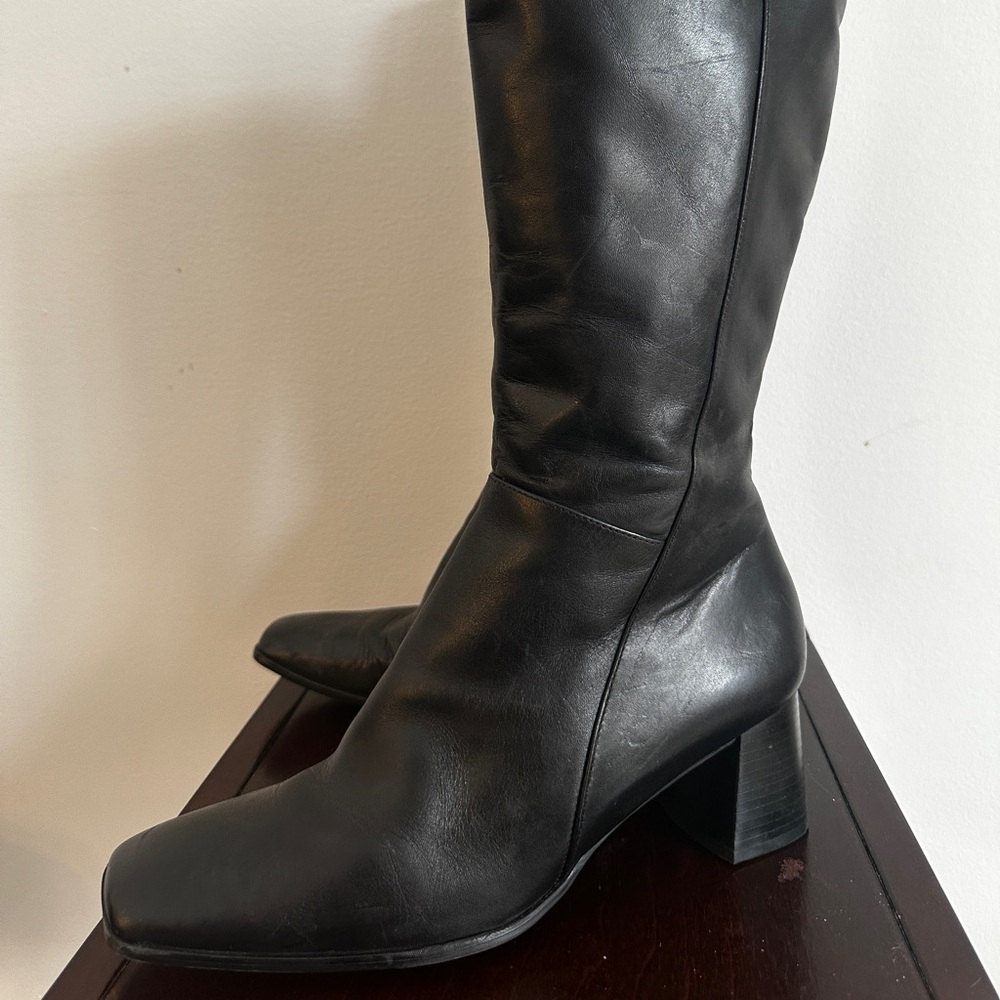 Black Leather Calf High Boots